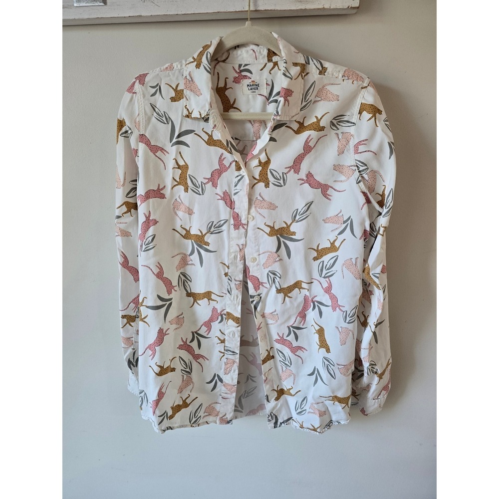 Marine Layer Womens Large Pink Leopard Print Button Down Shirt